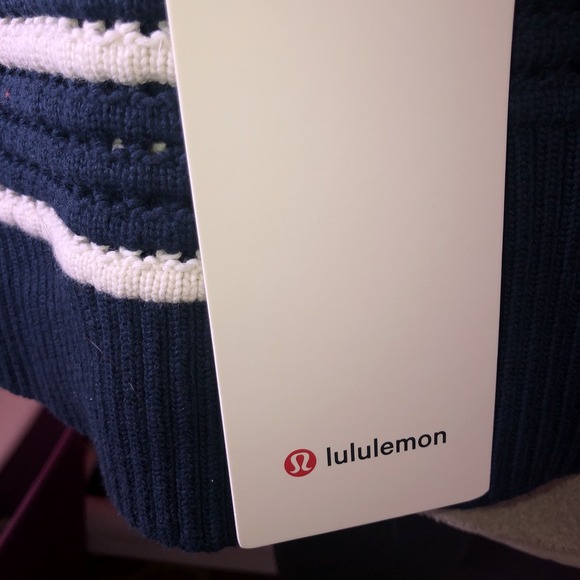 LULULEMON Cotton Crochet Mesh Pullover Sweater Navy Blue White Stripe XL NWT - Picture 4 of 14